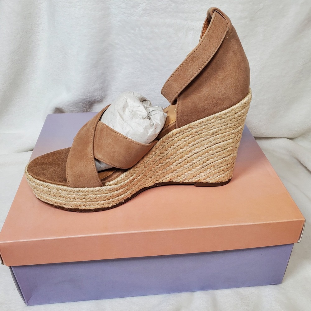Lisa Vicky Gemi Platform Wedge Sandal Kid Suede Leather Cognac Women's 8 M NWB